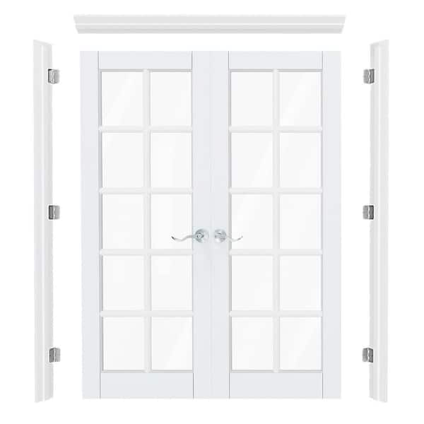 48 in. x 80 in. 10 Lite Clear Glass Universal White Primed Double Prehung French Door w/ Quick Assemble Jamb and Handle