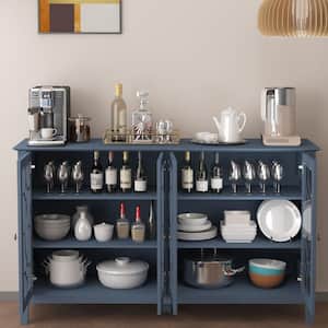 Modern Blue Wood Buffet Sideboard with Storage Cabinet, Glass Doors, and Adjustable Shelves for Kitchen Dining Room