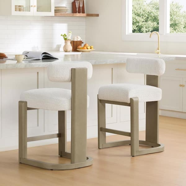 Remy 27 in. Pearl/Grey Mid-century Modern Boucle Fabric Solid Wood Counter Stool with Back for Diningroom (Set of 2)