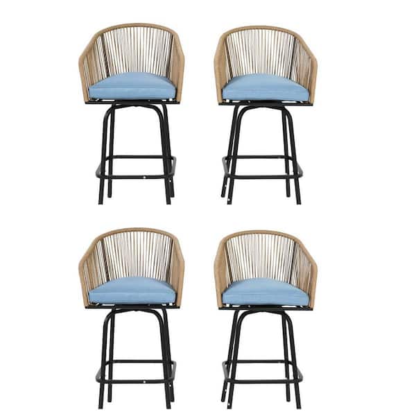 4-Piece Metal Outdoor Bar Stool with Blue Cushion
