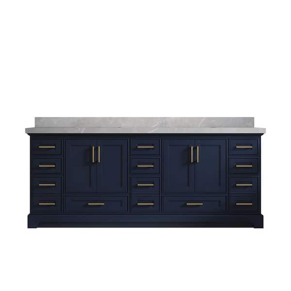 Willow Collections Fenway 84 in. W x 22 in. D x 36 in. H Double Sink Bath Vanity in Navy Blue with 2" Light Gray Quartz Top