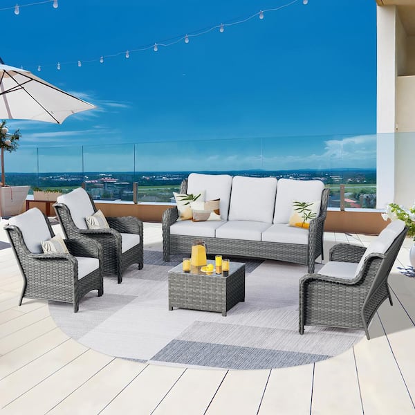 OVIOS Janus Gray 5-Piece Wicker Patio Conversation Seating Set with Gray Cushions and Coffee Table