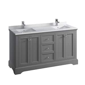 Windsor 60 in. W Traditional Double Bath Vanity in Gray Textured with Quartz Stone Vanity Top in White with White Basins