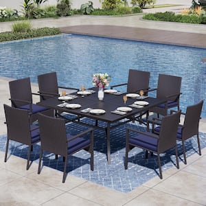 Black 9-Piece Metal Patio Outdoor Dining Set with Rectangle Extensible Table and Rattan Chair with Blue Cushion