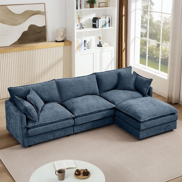 Shawn Modern 102 in. Upholstered Chenille L-Shaped Modular Sectional Sofa in Blue with Ottoman, Pillows, DIY