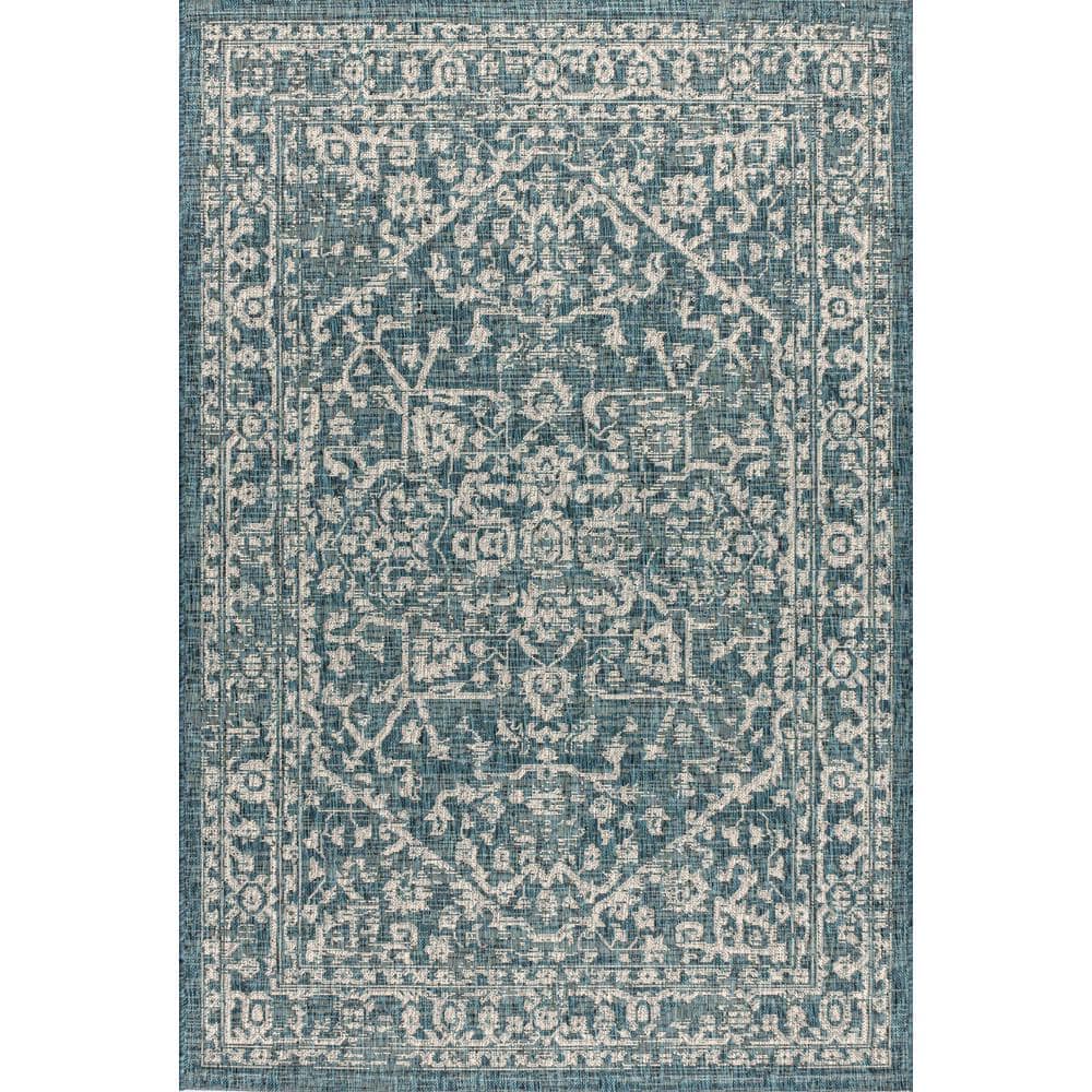 Teal and Gray Bohemian Medallion Indoor/Outdoor Area Rug, 3 x 5