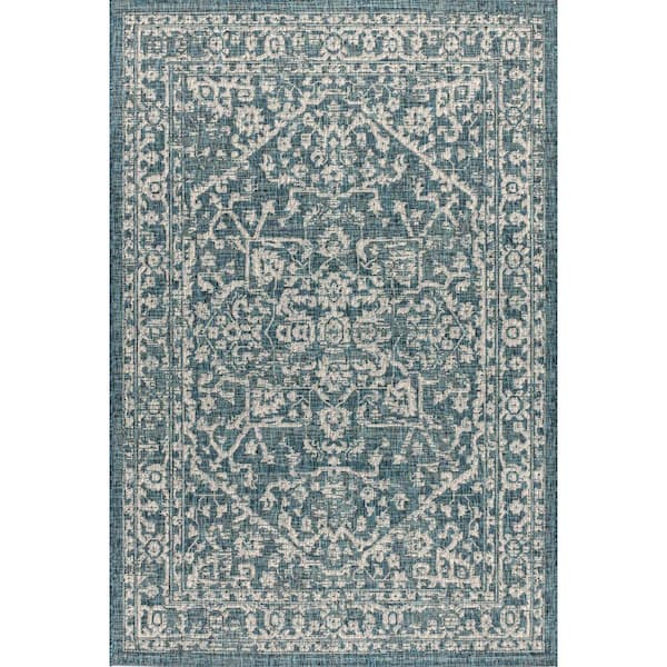 Malta Bohemian Medallion Teal/Gray 7 ft. 9 in. x 10 ft. Textured Weave Indoor/Outdoor Area Rug