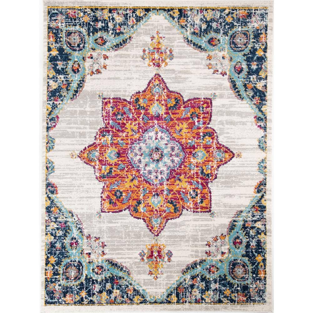 Gray Rectangular Medallion Synthetic Easy Care Area Rug