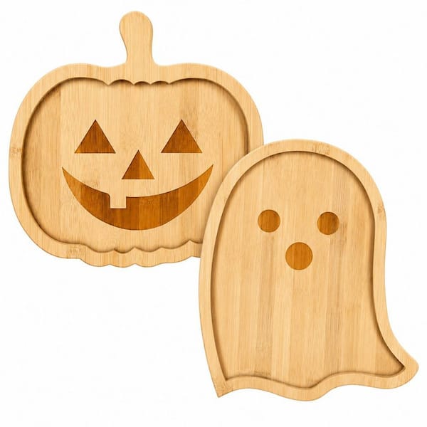 11 in. Halloween Pumpkin and Ghost Bamboo Serving Boards, 2-Piece Reusable Party Platters