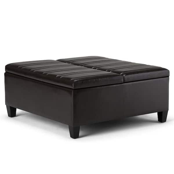 Simpli Home Ellis 36 in. Contemporary Square Storage Ottoman in Tanners Brown Faux Leather