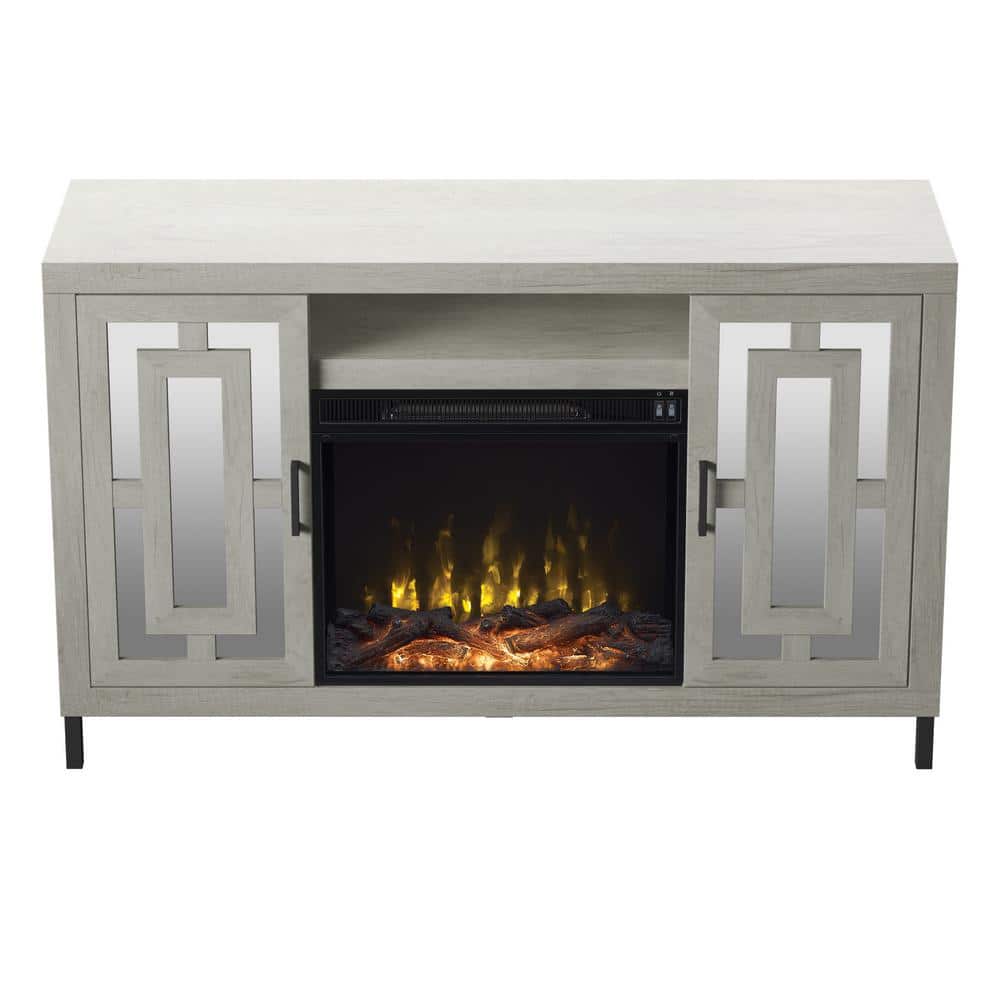 White TV Stand with Electric Fireplace and Mirrored Cabinet Doors