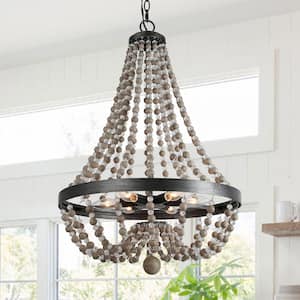 Farmhouse Wood Crystal Beaded Brushed Black Basket Empire Chandelier Boho 6-Light Dark Gray Beads Ceiling Light