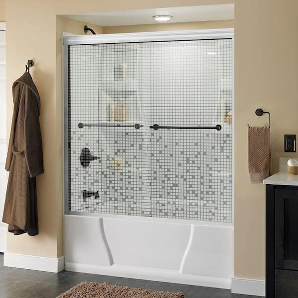Delta Lyndall 60 in. x 58-1/8 in. Semi-Frameless Traditional Sliding Bathtub Door in White and Bronze with Mozaic Glass