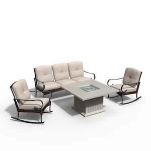 Venus Gray 4-Piece Aluminum Square Outdoor Gas Fire Pits Set with 3-Seater Sofa Chairs and Beige Cushions