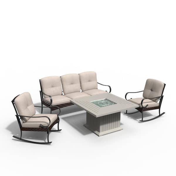 DIRECT WICKER Venus Gray 4-Piece Aluminum Square Outdoor Gas Fire Pits Set with 3-Seater Sofa Chairs and Beige Cushions