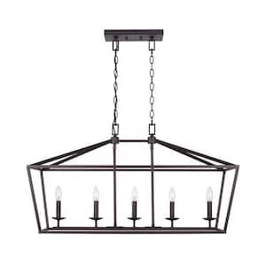 Weyburn 5-Light 36 in. Bronze Caged Farmhouse Linear Island Hanging Chandelier for Kitchen