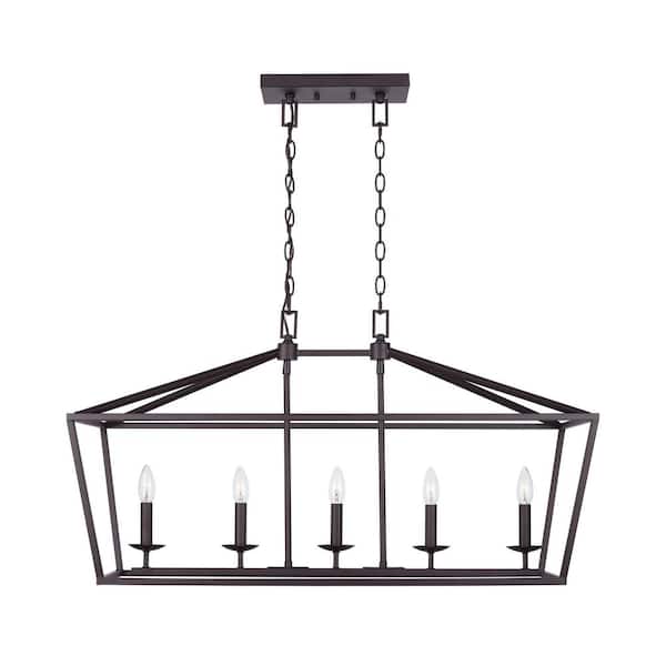 Home Decorators Collection Weyburn 36 in. 5-Light Bronze Farmhouse Linear Chandelier Light Fixture with Caged Metal Shade