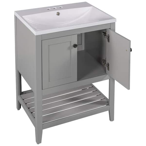 24 in. W x 18 in. D x 34 in. H Bath Vanity in Gray with White Ceramic Top Sink Bathroom Vanity with Top 3-Faucet Holes