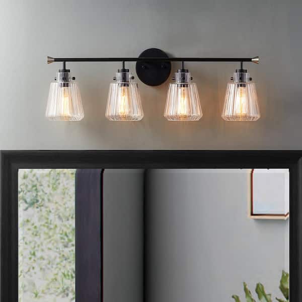 KAWOTI 30.25 in. 4-Light Matte Black Vanity Light with Rippled Glass Shade