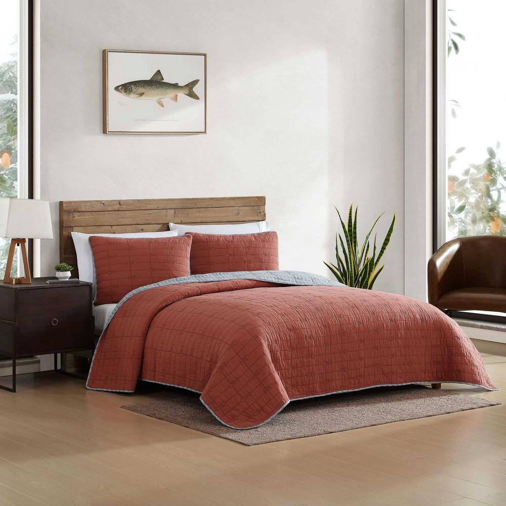 Twin Gray and Terracotta Cotton Reversible Quilt Set