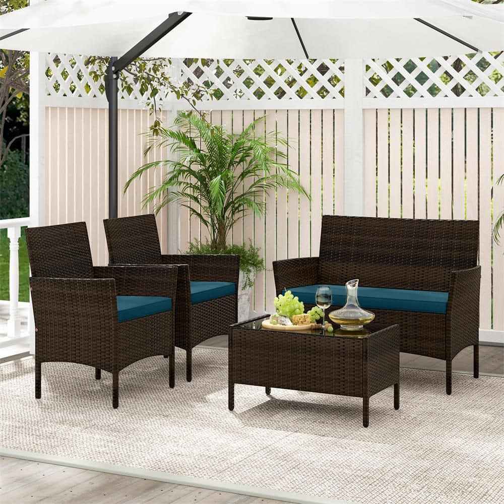 HONEY JOY 4 Piece Patio Conversation Set Outdoor Wicker Furniture Set ...