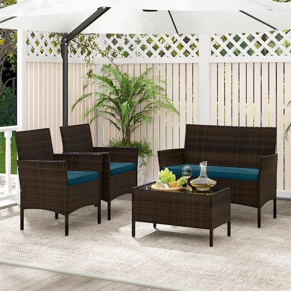 4 Piece Patio Conversation Set Outdoor Wicker Furniture Set with Chair Loveseat and Tempered Glass Table Peacock Blue