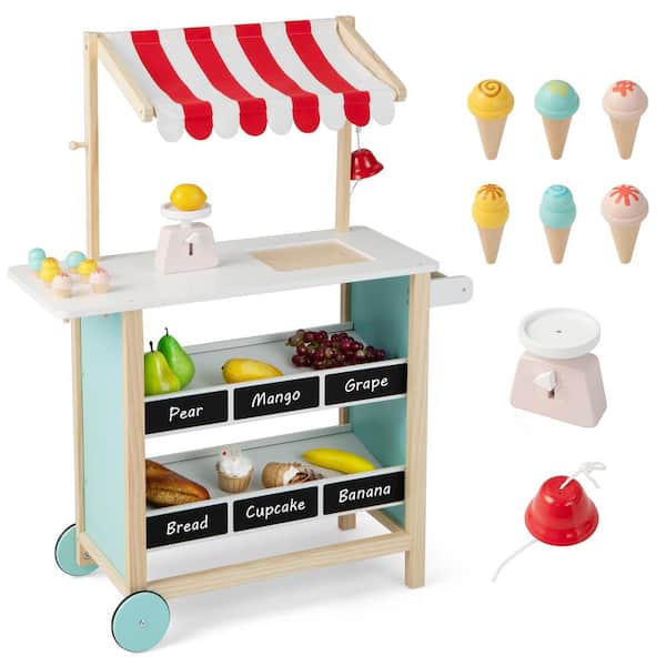 Costway Kids Ice Cream Cart Wooden Toddler Farmers Market Stand with Chalkboard and Storage