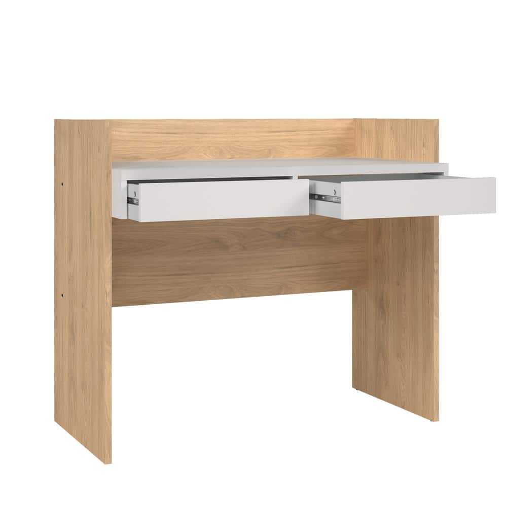 Compact White and Hickory Wood Writing Desk with Drawers