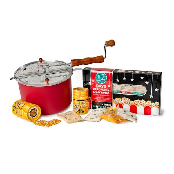 Wabash Valley Farms 6 qt. Aluminum Red Whirley Pop Stovetop Popcorn Popper with 12 Days of Popcorn Seasonings Advent Calendar and Popcorn