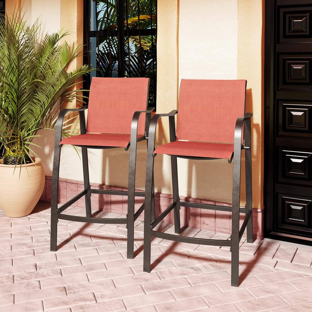 Pellebant Orange Textilene Aluminum Outdoor Counter Height Bar Stools, Set of 2