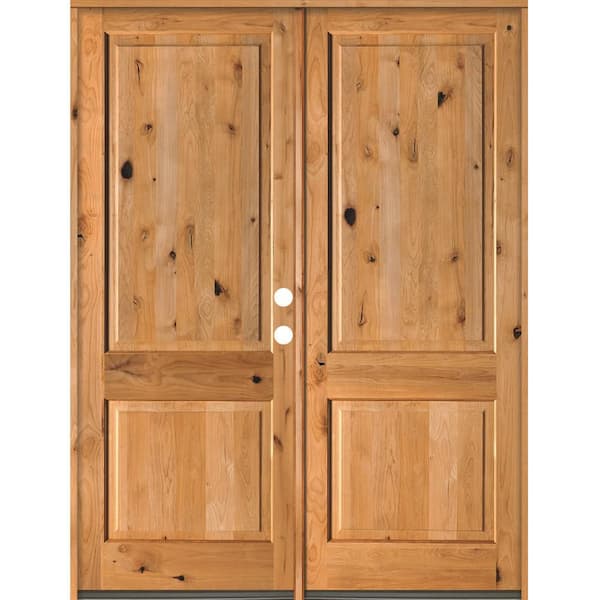 72 in. x 96 in. Rustic Knotty Alder 2-Panel Square Top Clear Stain Left-Hand Inswing Wood Double Prehung Front Door