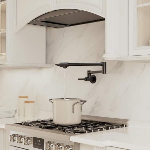 Wall‑Mounted Pot Filler Faucet with Dual Handles, 360° Swivel Foldable Spout, 2.5 GPM in Matte Black