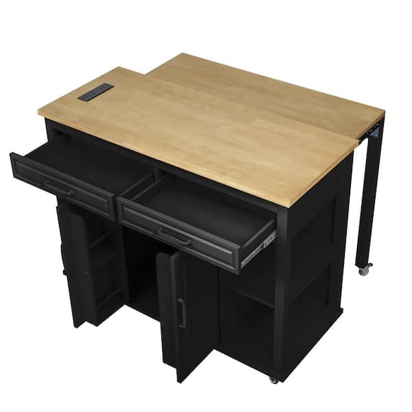 Black Wood 47 in. Kitchen Island with 2-Power Outlet, Extendable Dining Table and 2-Drawers for Kitchen Room and Outdoor
