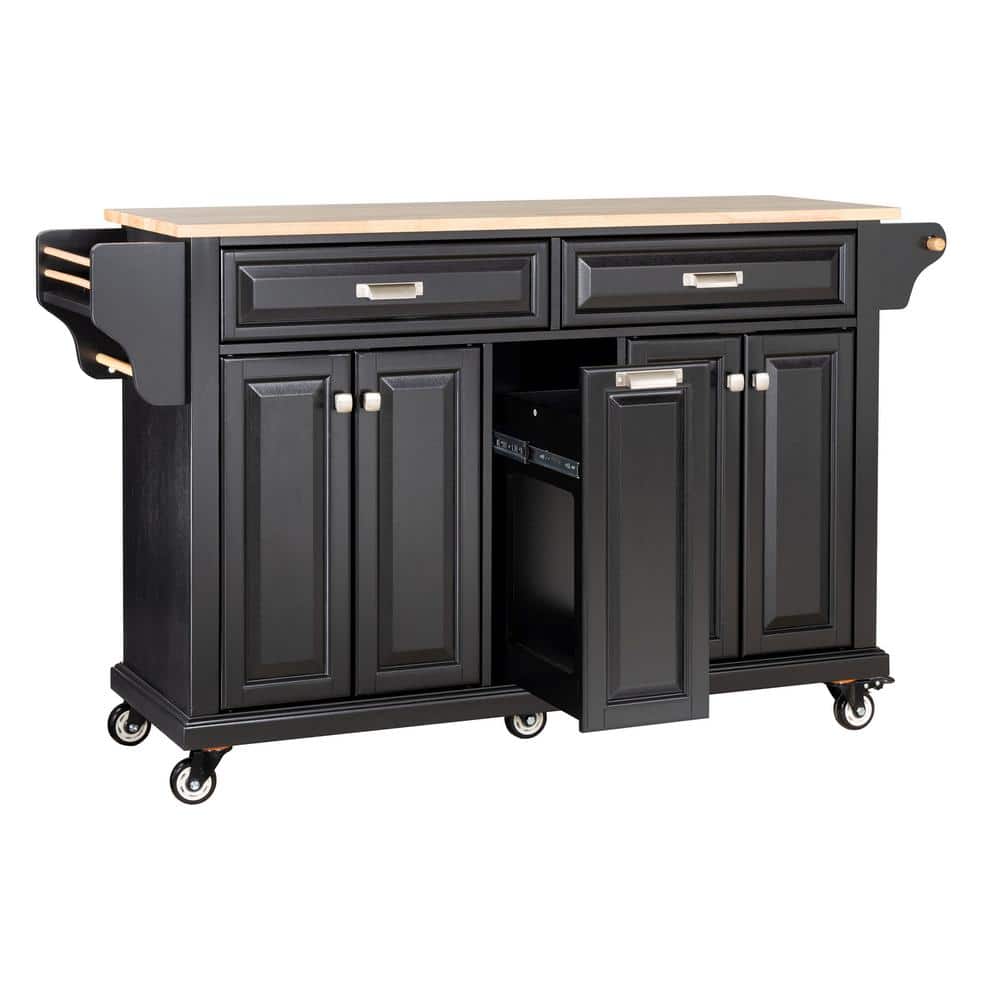 Black Rubber wood Kitchen Cart with Towel Rack and Spice Rack