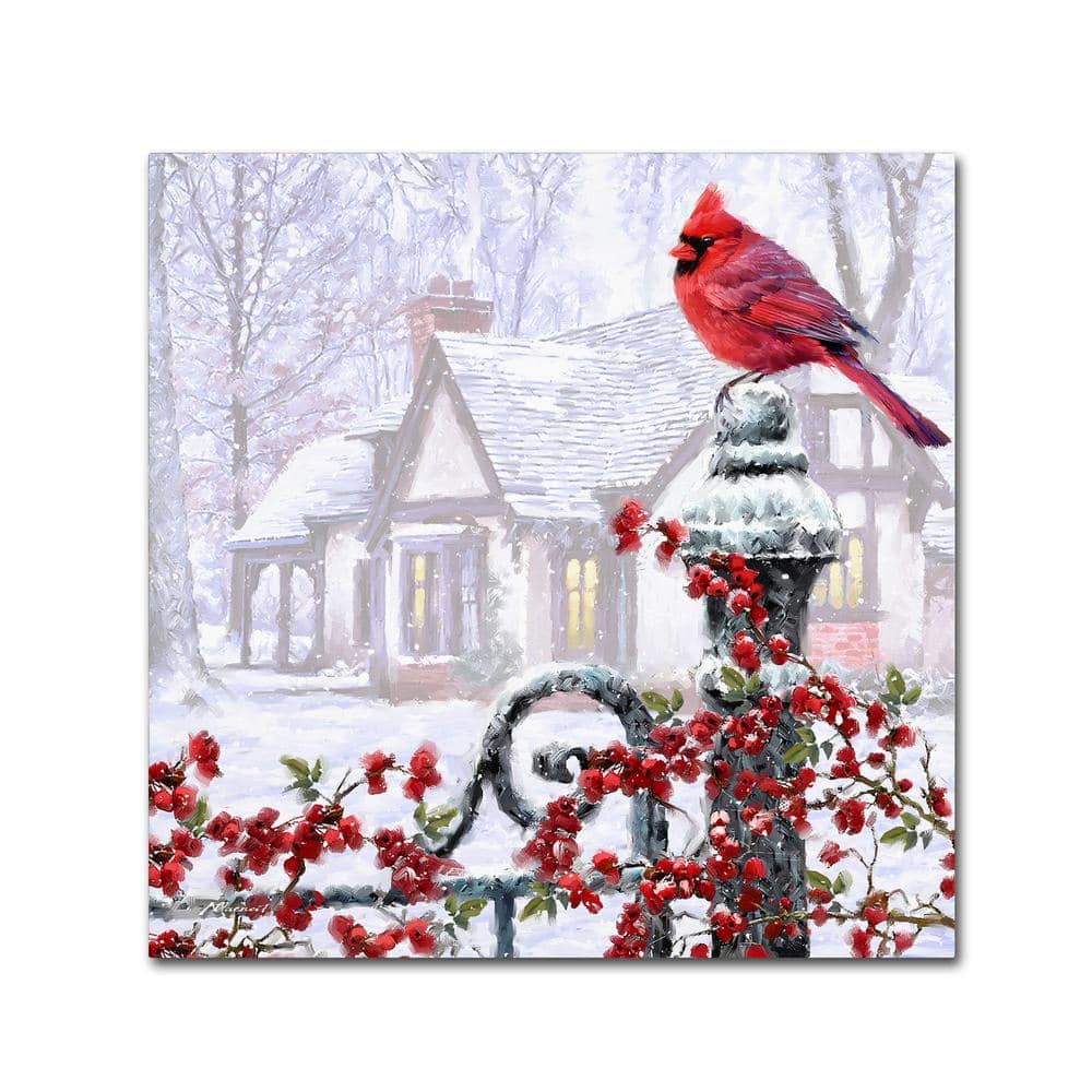 35 in. x 35 in. ""Cardinal on Gatepost"" by The Macneil Studio Printed Canvas Wall Art -  Trademark Fine Art, ALI09712-C3535G