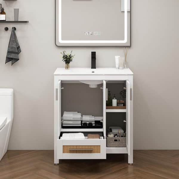 30 in. W x 18 in. D x 33 in. H White Bath Vanity with White Solid Surface Top Sink
