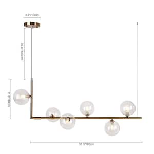 REVERSO 6-Light Brass Branch Linear Bubble Modern Chandelier with Globle Clear Glass Shades for Dining Room Kitchen