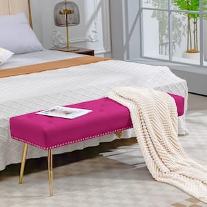 Modern Fushia Velvet Ottoman Bench with Gold Base & Diamond Tufted Design for Bedroom