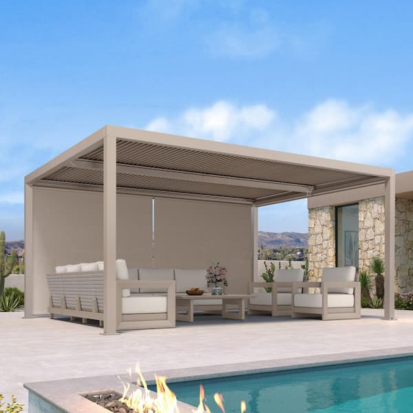 12 ft. x 16 ft. Champagne Aluminum Frame Louvered Pergola with Adjustable Sunshade Roofs and 1-Long Side Roller Shades