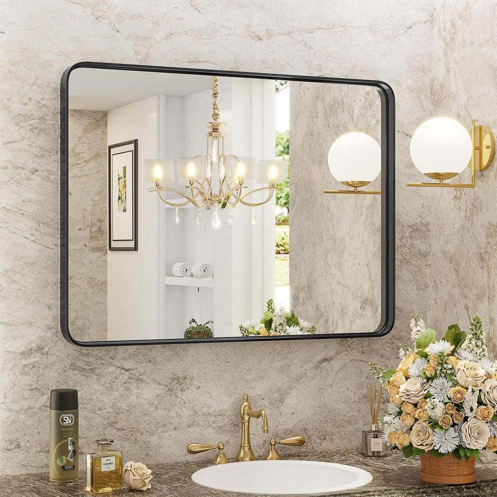 Black 40 in. W x 30 in. H Farmhose Rectangle Framed Mirror, Bathroom Mirror
