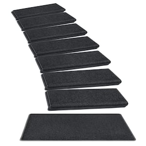 Black 9.5 in. x 30 in. x 1.2 in. Bullnose Polypropylene Non-slip Carpet Stair Tread Cover With Landing Mat (Set of 15)