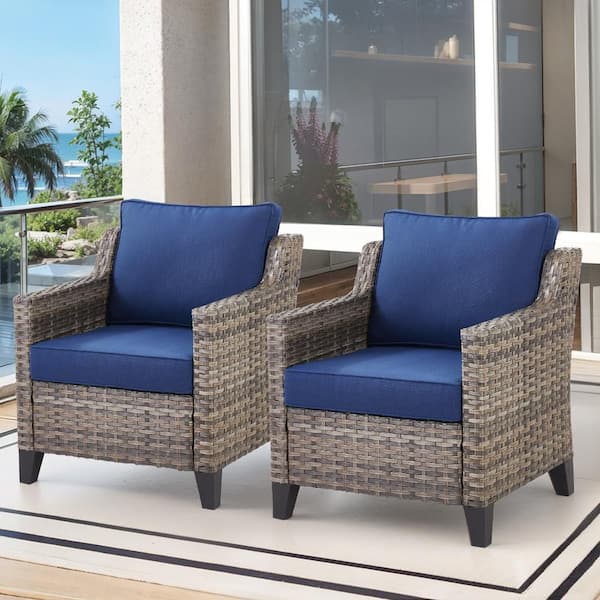 New Kalixx 2-Piece Patio Gray Wicker Outdoor Lounge Chair with Blue Cushions