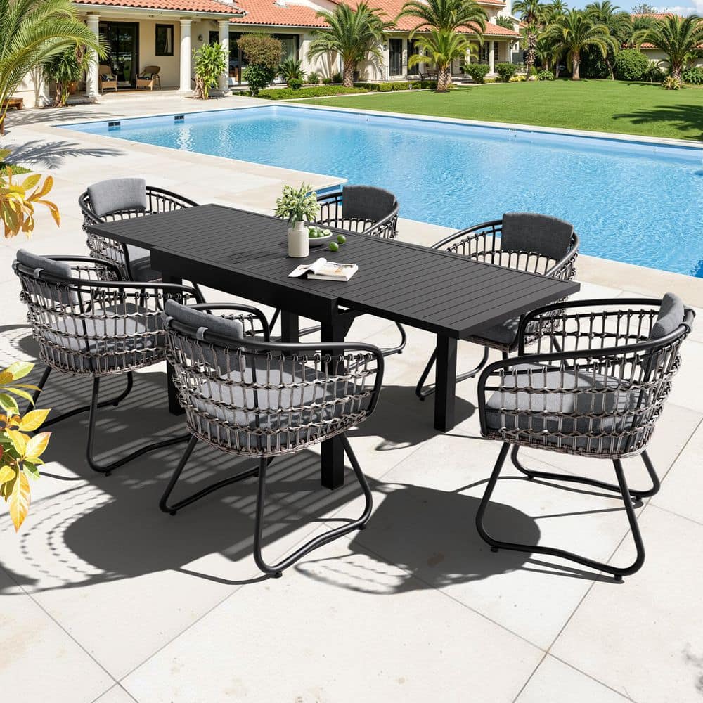 7-Piece Aluminum Outdoor Dining Set 82. 68 in. Dining Table and Rattan Wicker Chairs with Gray Cushions for 6-Person price history on PriceWatchPro
