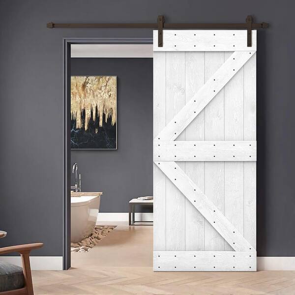 42 in. x 84 in. Distressed K Series Light Cream DIY Solid Pine Wood Interior Sliding Barn Door with Hardware Kit