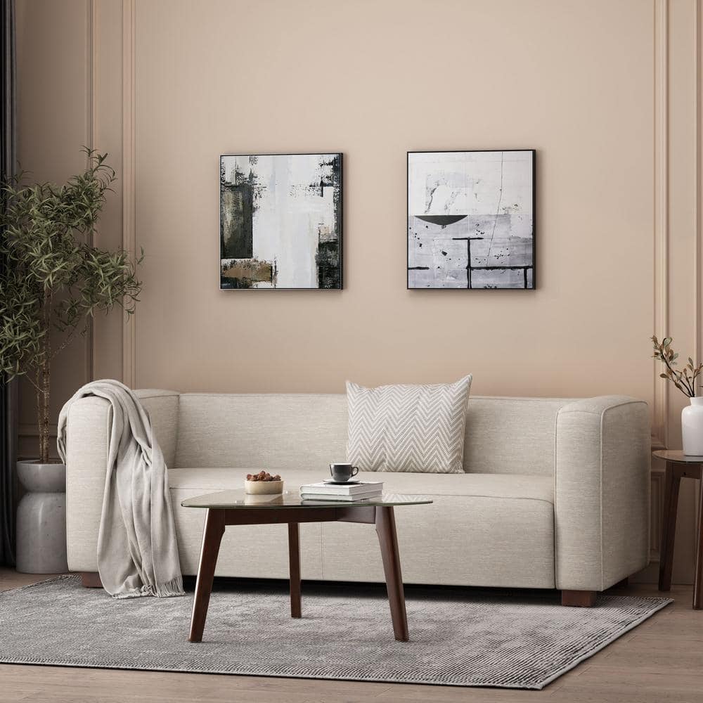 Beige and Dark Walnut Fabric Loveseat with Square Arms
