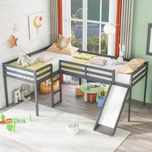Gray Twin L-Shaped Loft Bed with Ladders and Slide