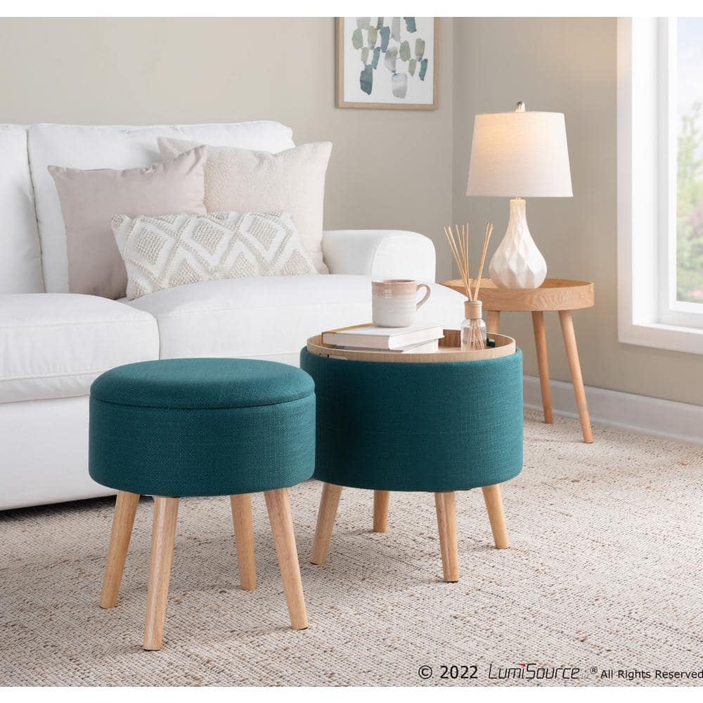 Teal Fabric Ottoman with Natural Wood Tray and Matching Stool