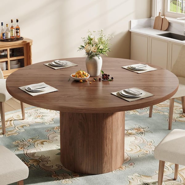 Modern Walnut Wood Grain Finish Particle Board 47.24 in. Pedestal Base Dining Table with Wood Strip Base Seats 4-6