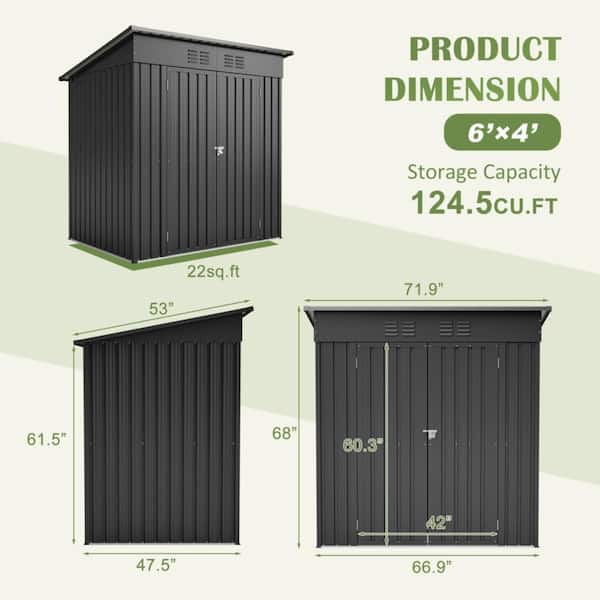 SUNRINX 6.0 ft. L x 3.9 ft. W Black Outdoor Metal Storage Shed