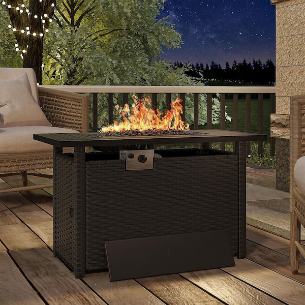 Black 44 in. Wicker Rectangular Propane Gas Fire Pit Table with Lid, Fire Glass Beads, and Waterproof Cover